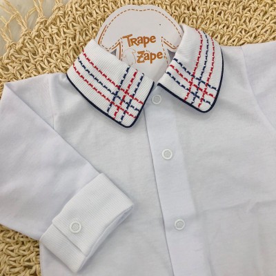 Body Gola Bordada - Pontilhado Marinho e Vermelho